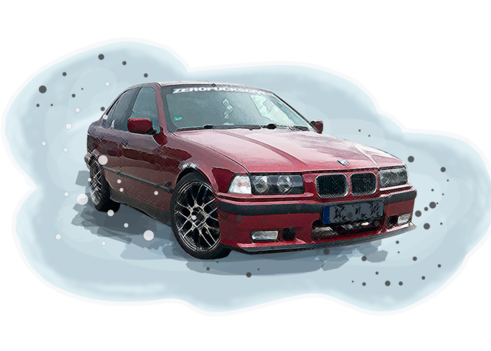 Ein roter BMW mit Hintergrundwolke in Aquarelloptik